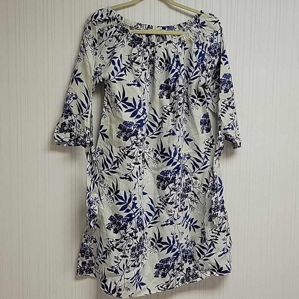 Valentina Naldi blue white off the shoulder linen dress. Made in Italy medium